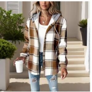 Plaid Hooded Jacket for Women Grey and Tan Size Medium